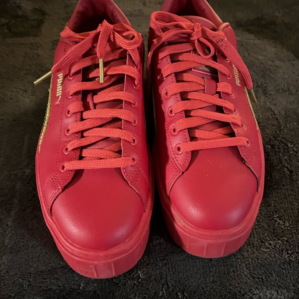 Puma Red Platform Lace-Up Sneakers with Gold Accents
